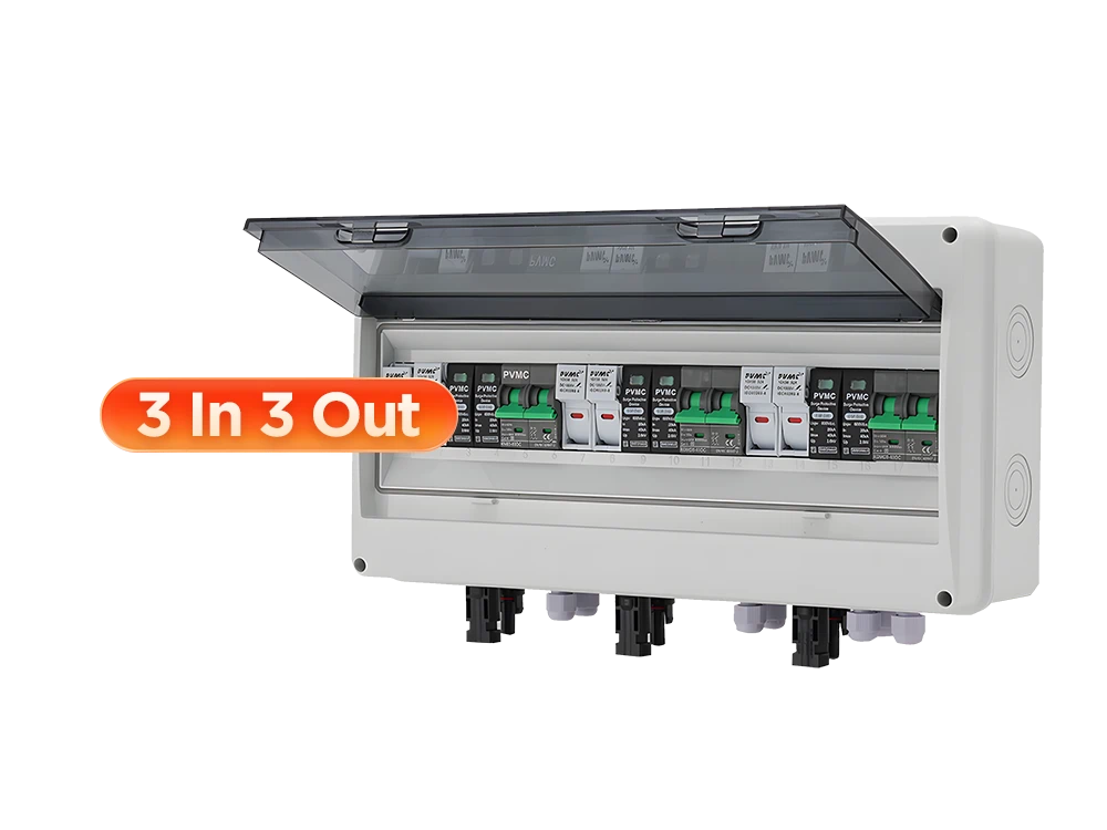 600V 3-in-3-out solar PV DC combiner box front view – IP65 outdoor weatherproof enclosure, fuse protection per input, SPD surge protection, short circuit protection for multi-string commercial solar systems