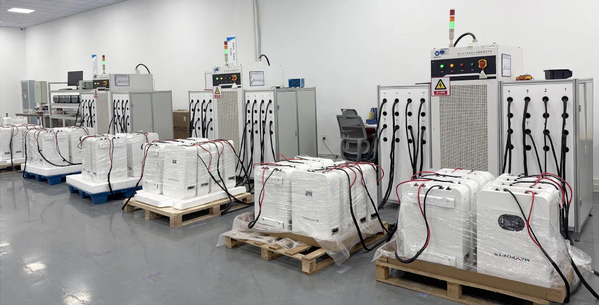 Lithium battery power-on test for quality control, technician testing battery module with electronic equipment