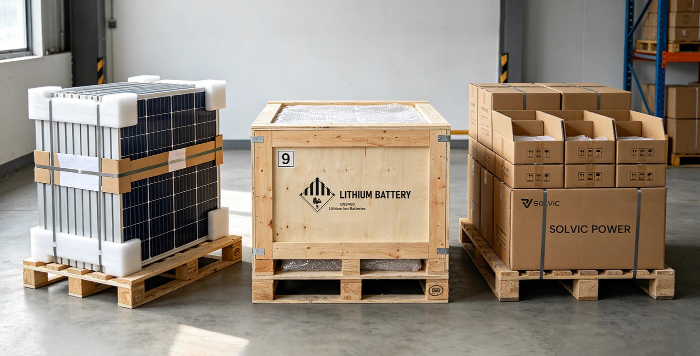 Cargo packaging capability, professional packing of solar panels and lithium batteries with wooden crates and pallets for safe transport