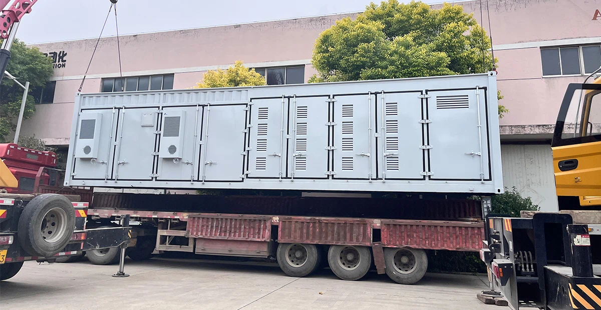 Container energy storage battery loading, lithium battery container being loaded onto truck for shipment