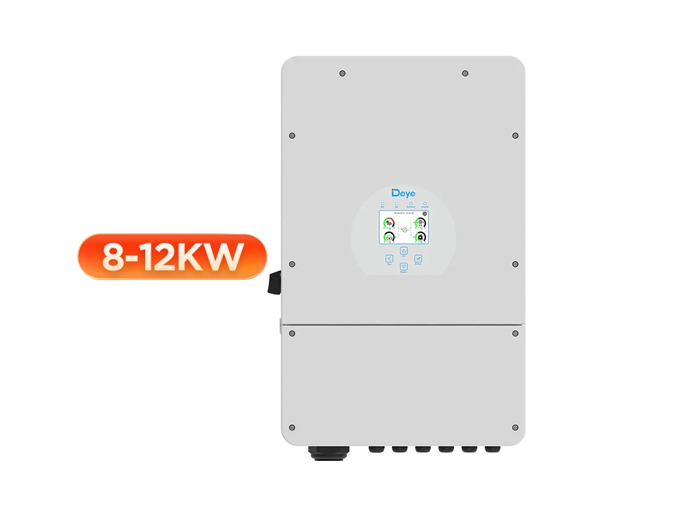 Deye 8K 12K split phase hybrid inverter front view – 120/240V output, 250A battery charge/discharge, supports up to 16 units parallel for whole home backup and expandable solar storage