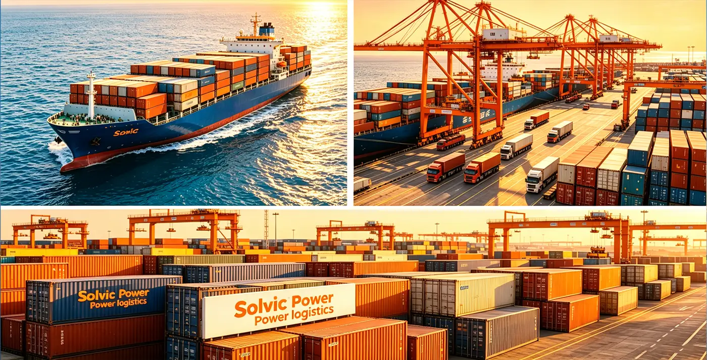 Global shipping logistics capability, sea freight containers and world map showing delivery to multiple countries worldwide