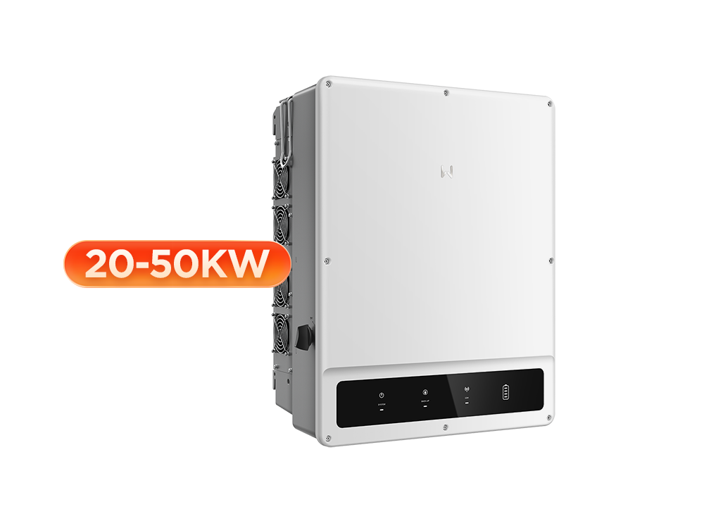 GoodWe ET 25-50kW three phase high voltage hybrid inverter front view – 4 MPPT trackers, 98.1% peak efficiency, UPS level switching (
