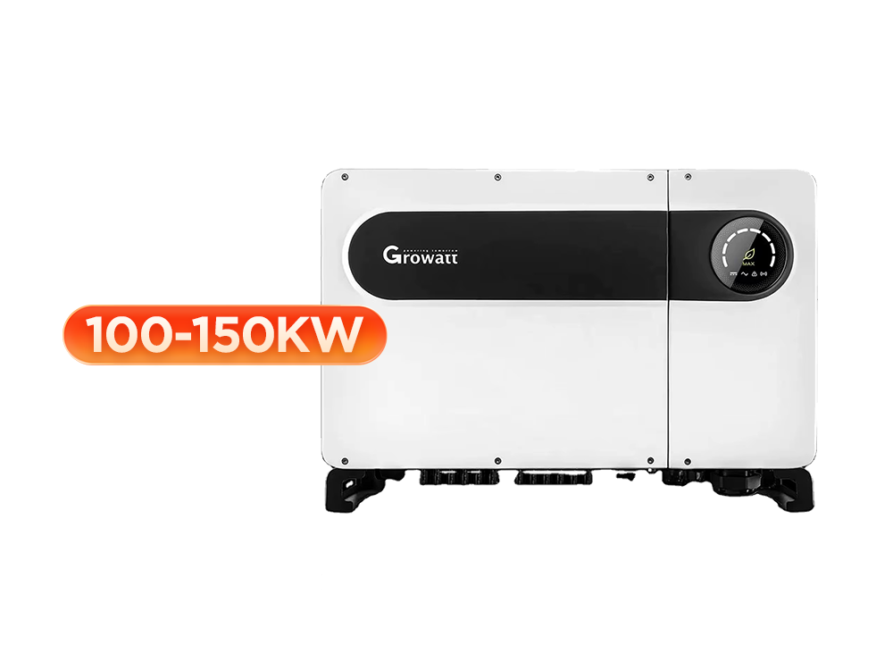 Growatt MAX 100-150KTL3-X LV series three phase grid-tied inverter front view – 100kW to 150kW, 10 independent MPPT trackers, 99.9% peak efficiency, IP66 weatherproof rating for large commercial and industrial solar installations