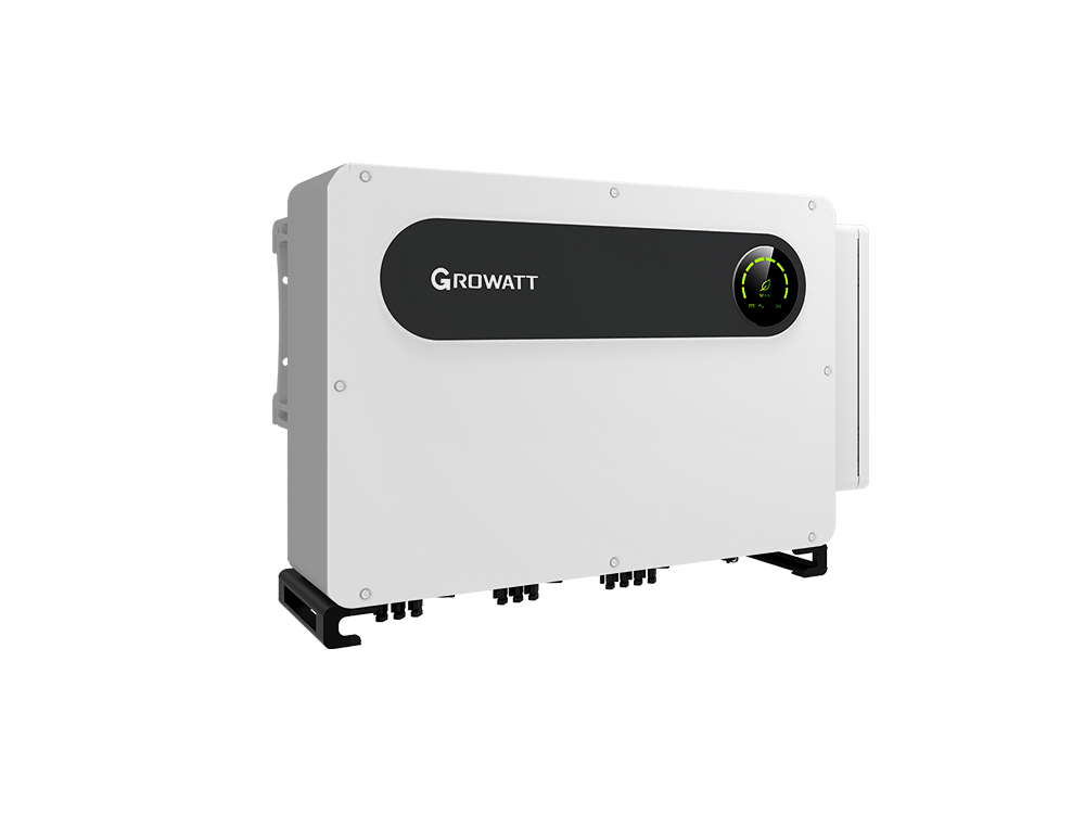 Growatt MAX 100-150KTL3-X LV three phase grid-tied inverter side view – heavy-duty DC/AC terminals for high current input, intelligent cooling fan array, IP66 sealed enclosure for outdoor commercial rooftop or ground-mount solar farms