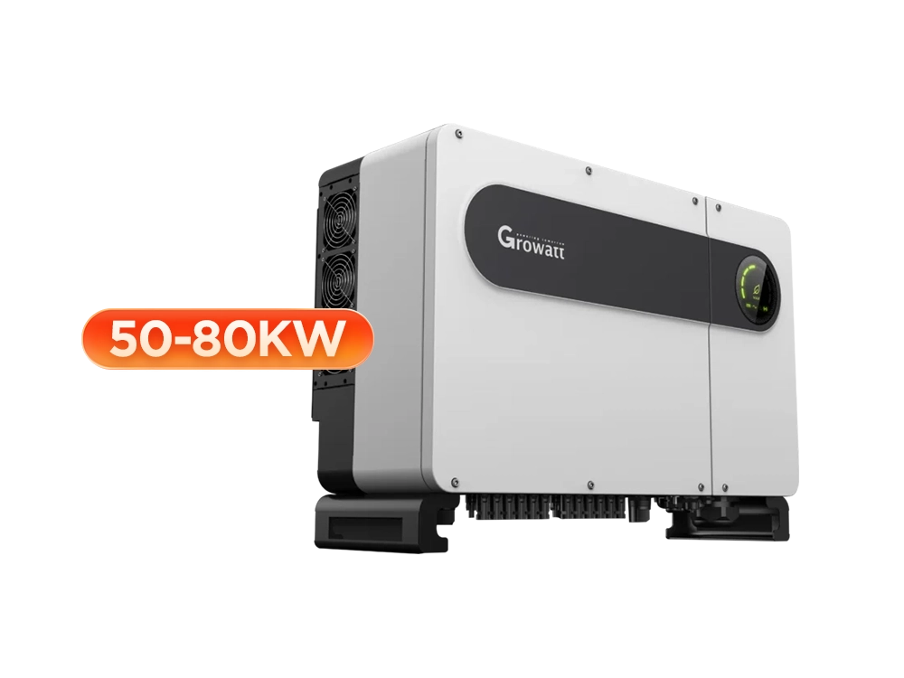 Growatt MAX 50-80KTL3-X LV series three phase grid-tied inverter front view – 50kW to 80kW, 6-7 independent MPPT trackers, 98.8% peak efficiency, IP66 weatherproof rating for commercial solar installations