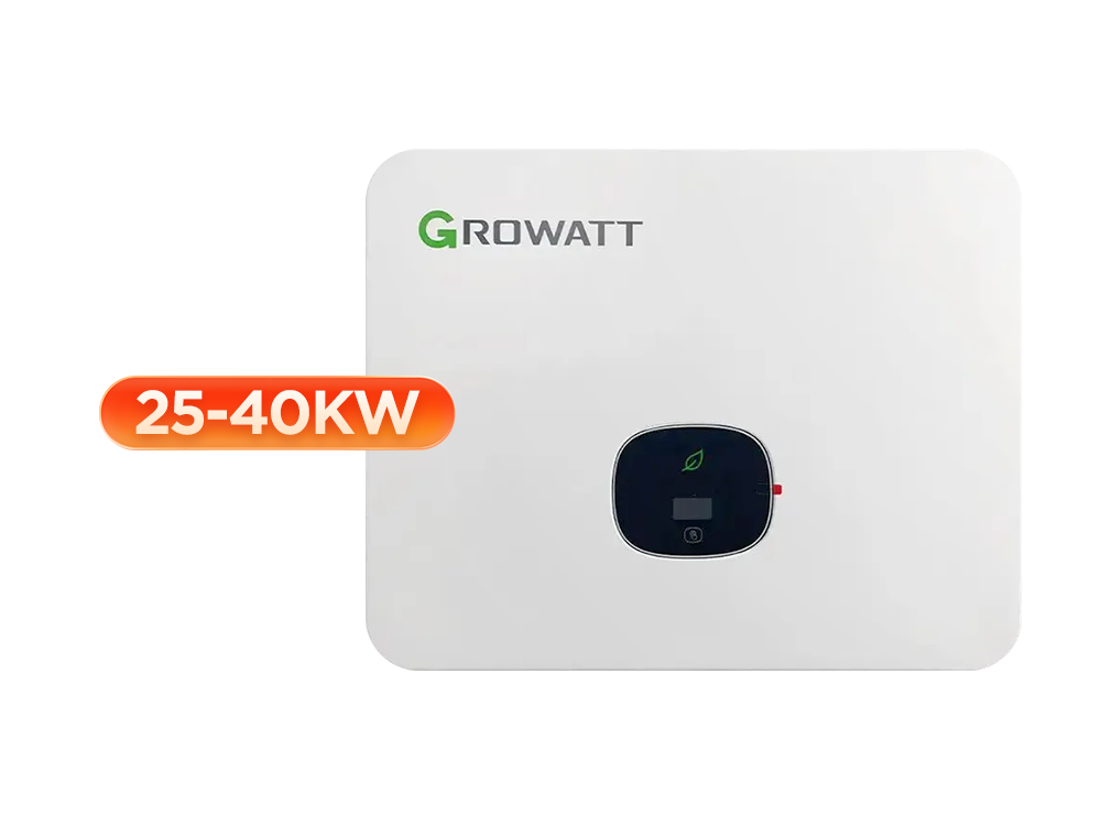 Growatt MID 25-40KTL3-X series three phase grid-tied inverter front view – 25kW to 40kW, 3 MPPT trackers, 98.8% peak efficiency, IP66 weatherproof rating for small commercial and industrial solar installations