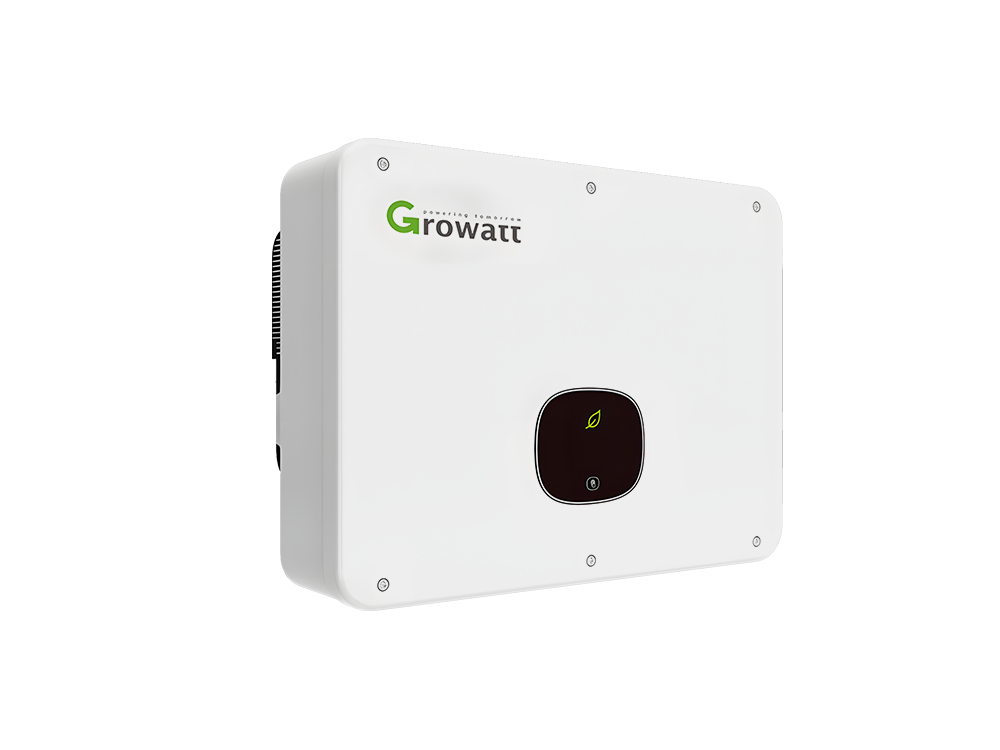Growatt MID 25-40KTL3-X three phase grid-tied inverter side view – AC/DC terminals, intelligent cooling fans, IP66 sealed enclosure for outdoor small commercial rooftop or agricultural solar systems
