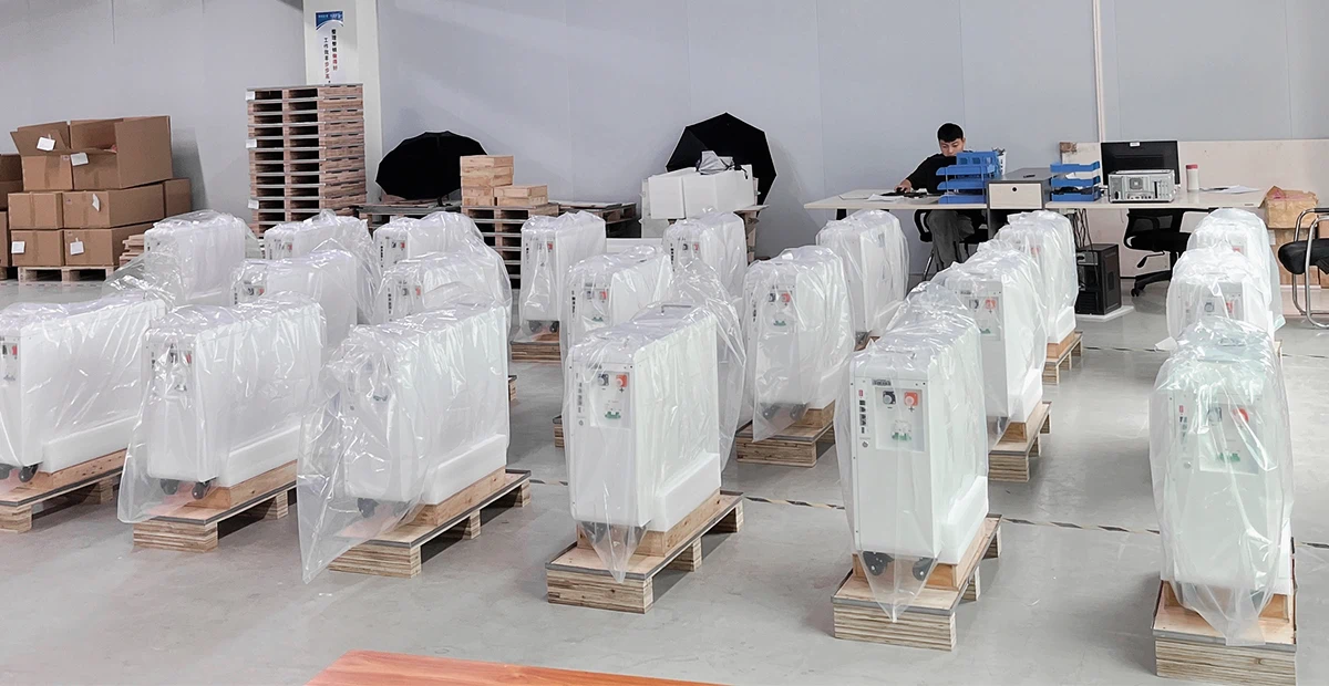 Lithium battery ready for packaging, battery modules placed on pallet waiting for protective wrapping and boxing