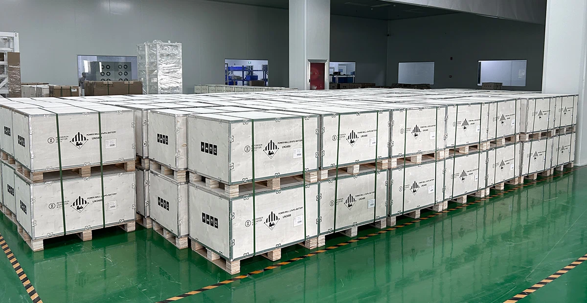 Lithium battery wooden crate ready for shipment, sealed wooden crates containing battery modules on pallets awaiting dispatch