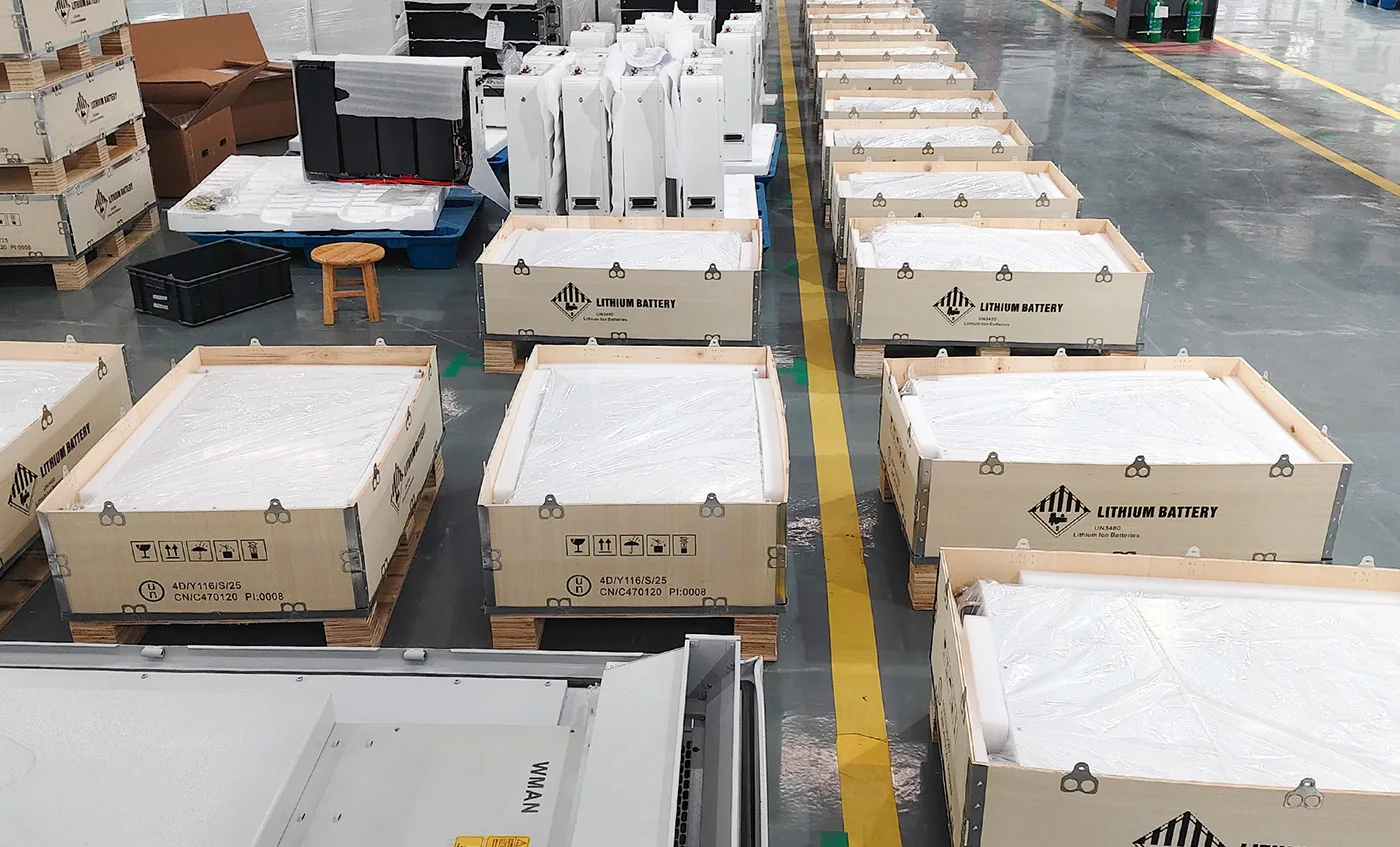 Lithium battery wooden packaging, battery modules secured in wooden crates