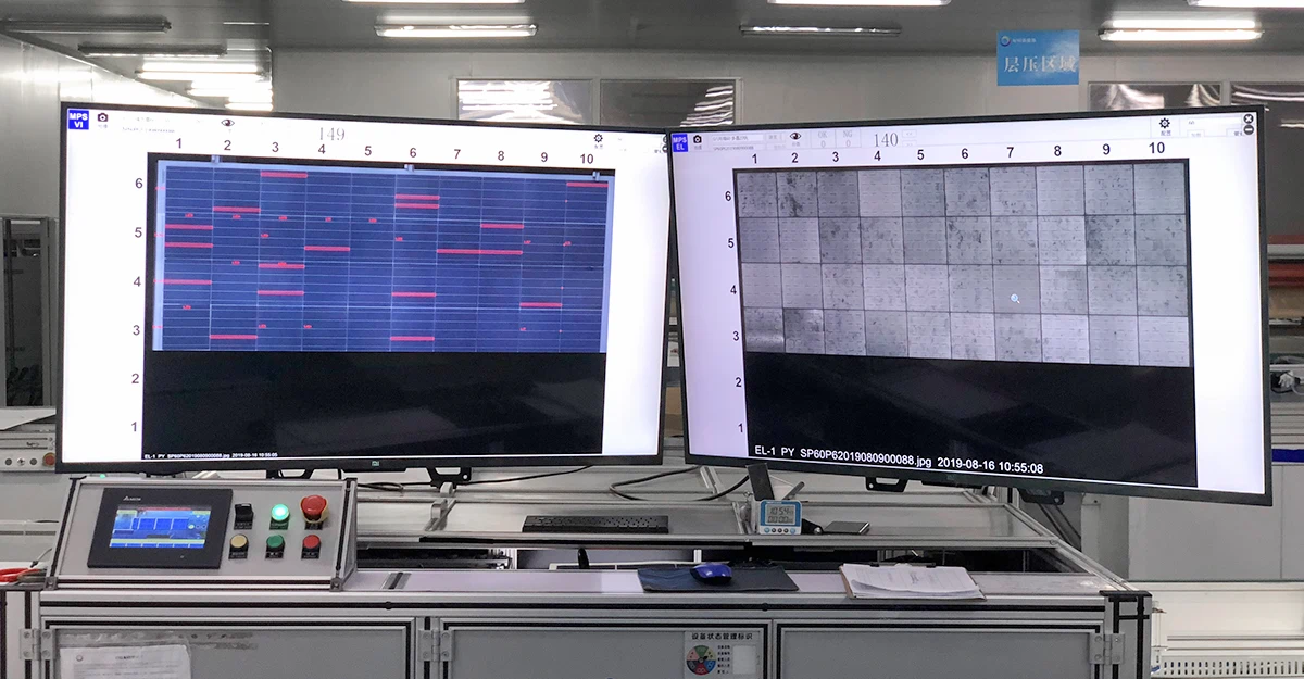 EL testing scene for solar panel quality control, electroluminescence test setup with camera and power supply