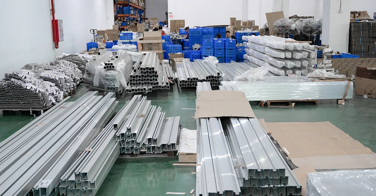Solar mounting structure factory workshop, production line for PV racking and bracket systems for solar panel installation