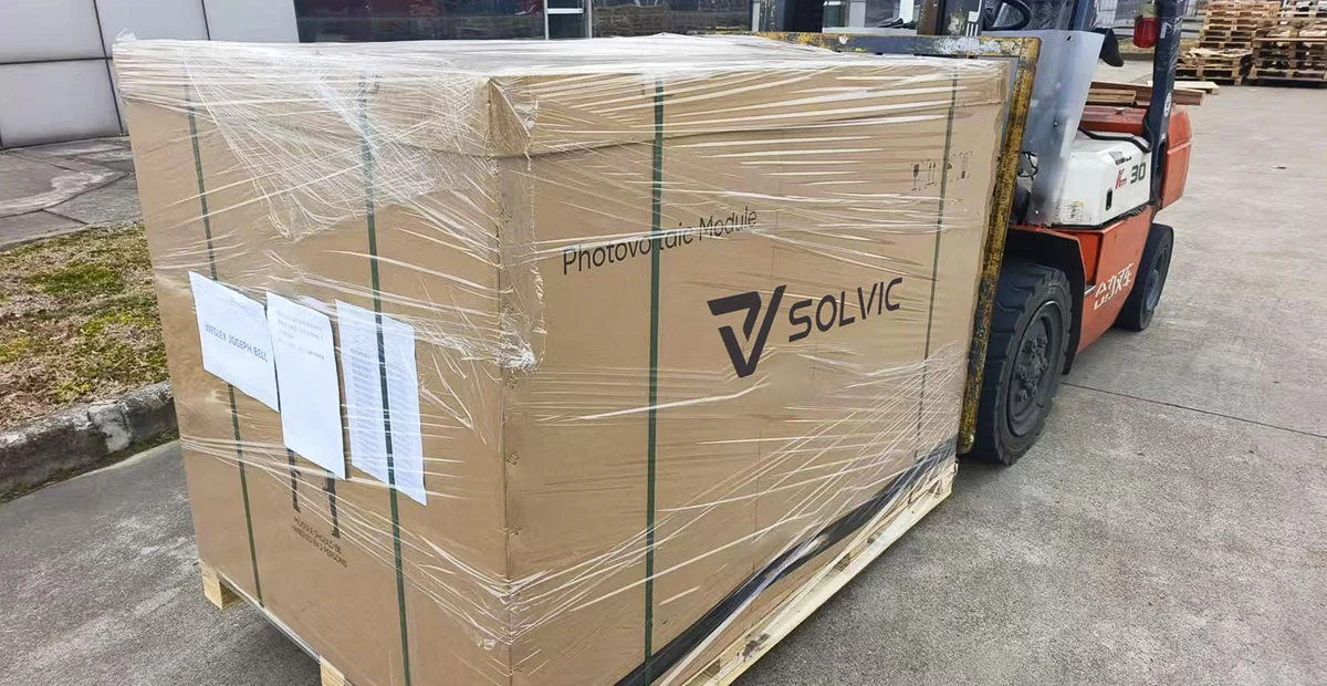 Solar panel pallet complete packaging, fully wrapped and strapped pallet of PV modules ready for container loading