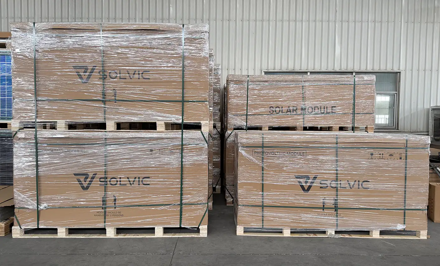 Solar panel pallet stock, stacked solar panels on pallet ready for shipment
