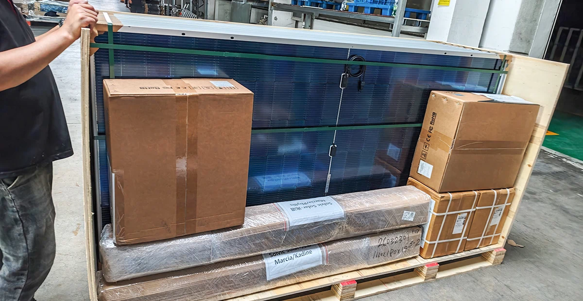 Complete solar power system packed in wooden crate for export shipping