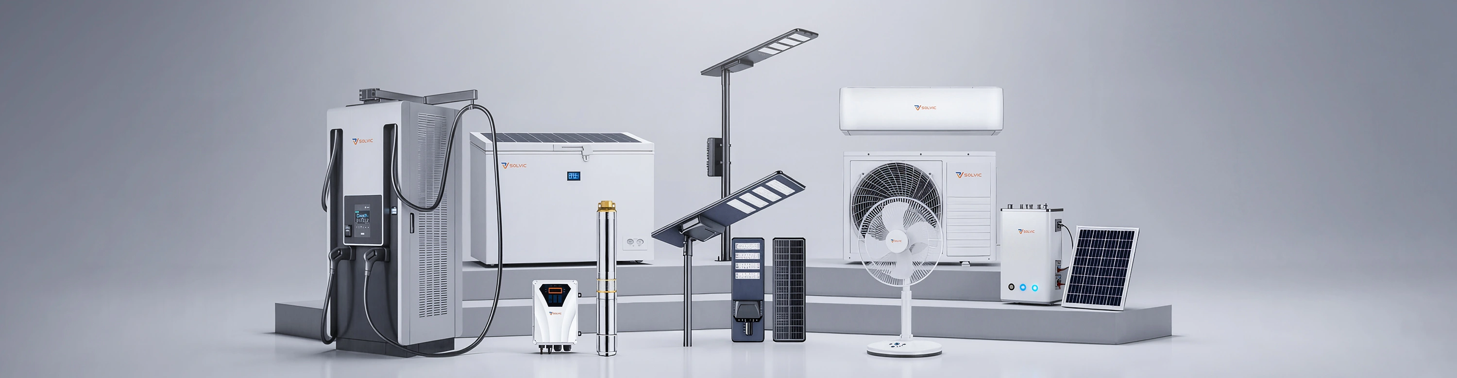 Solar products collection banner – Solvic Power solar pump, solar air conditioner, EV charger, solar freezer, solar fan, solar street light, solar heater – Victory in Solar complete renewable energy solutions
