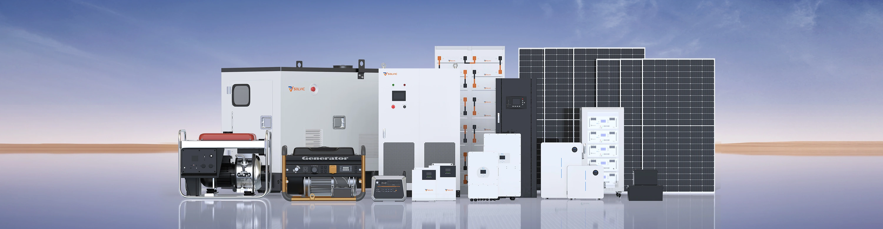 Solar PV system solution banner, complete solar energy system including solar panels, inverter, and lithium battery storage for residential or commercial use