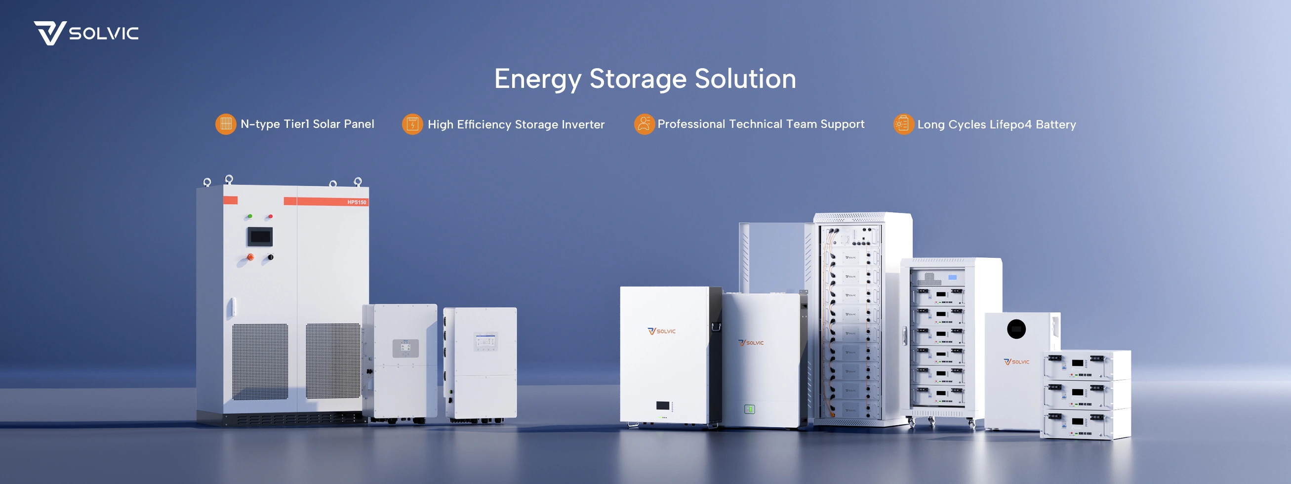 Solar storage system banner with inverter, lithium battery, and hybrid power system