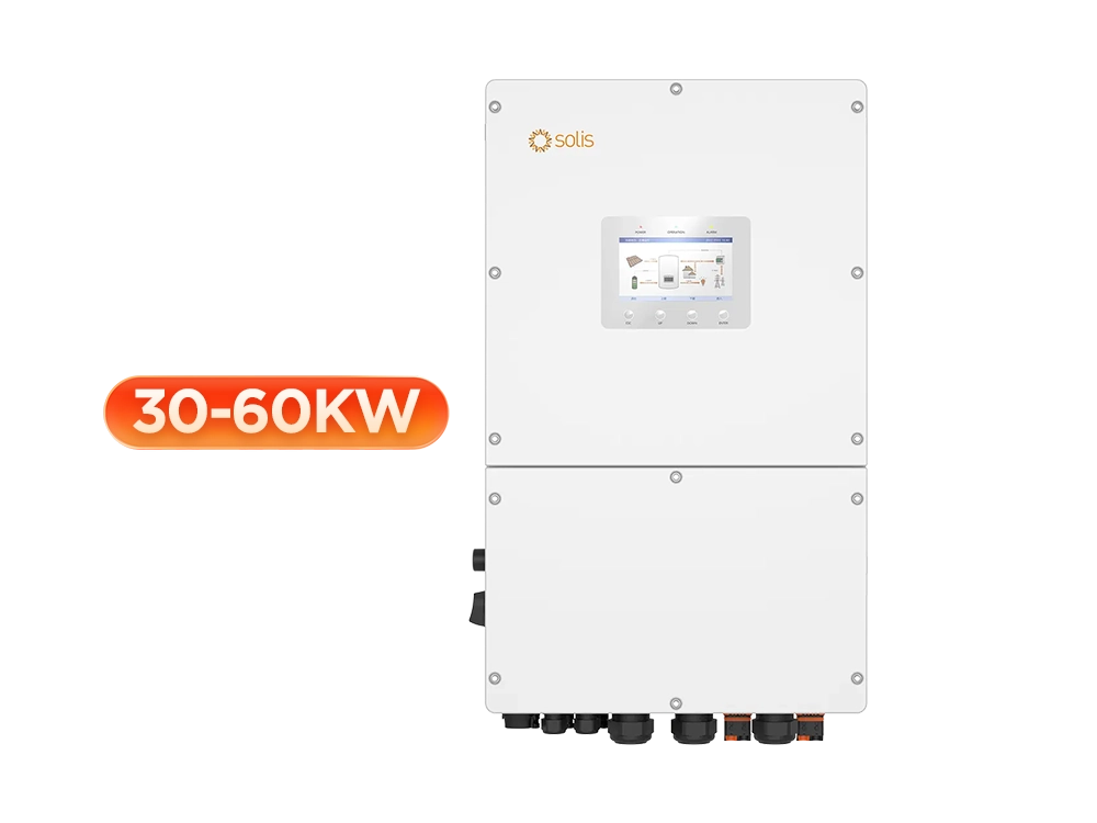 Solis S6-EH3P 30-60kW commercial hybrid inverter front view – 480V three-phase output for US commercial solar system, battery-ready for C&I energy storage