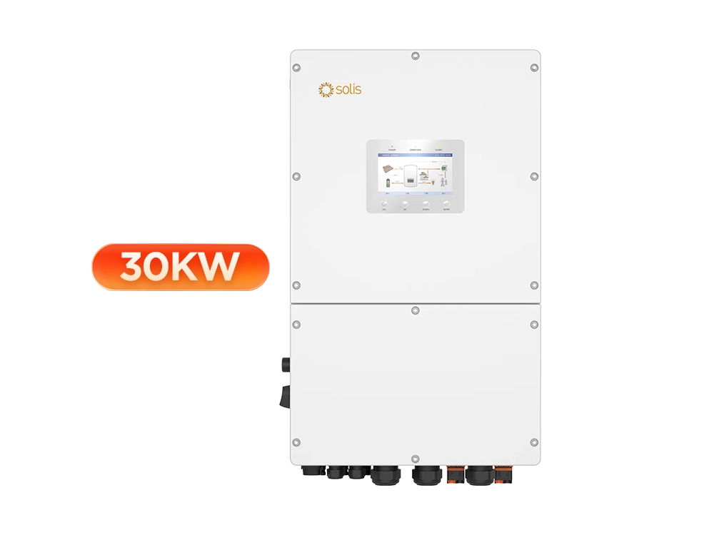 Solis S6-EH3P 30kW three phase high voltage hybrid inverter front view - 120/240V split phase output for US whole home or small commercial backup