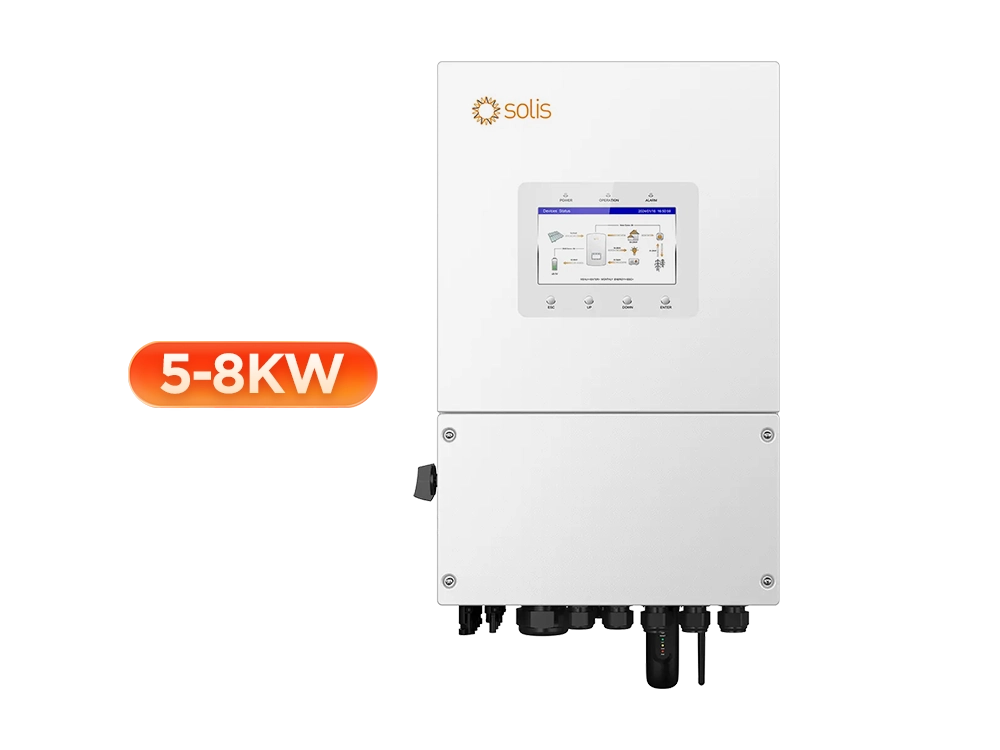 Solis S6 Series 5-8kW split phase hybrid inverter front view – 120/240V output, 200% surge for motor starting, IP66 weatherproof rating for home backup and outdoor solar installation