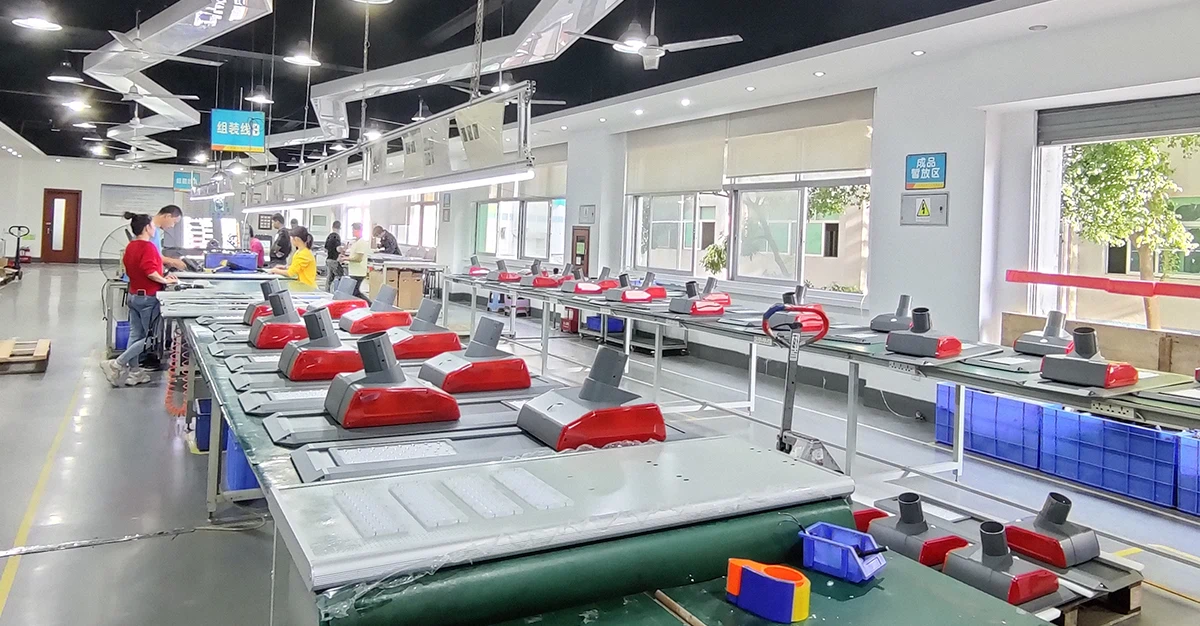 Street light production workshop, assembly line for LED solar street lights with quality control stations