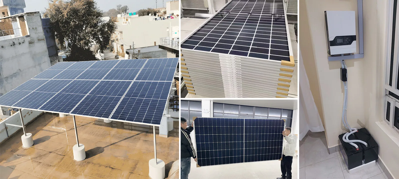 US Standard 3.3kW Complete Solar Hybrid System case studies collage – residential installations showing rooftop solar panels, wall-mounted hybrid inverter, and battery storage for home backup and electricity bill reduction