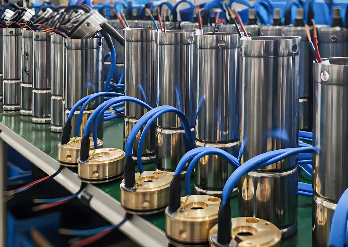 Water pump assembly line detail, close-up of pump component assembly and fitting process
