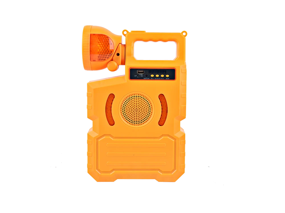 200W to 300W portable power station with Bluetooth speaker back view – DC solar panel input, AC charging port, product specification label, and durable housing for lightweight outdoor use