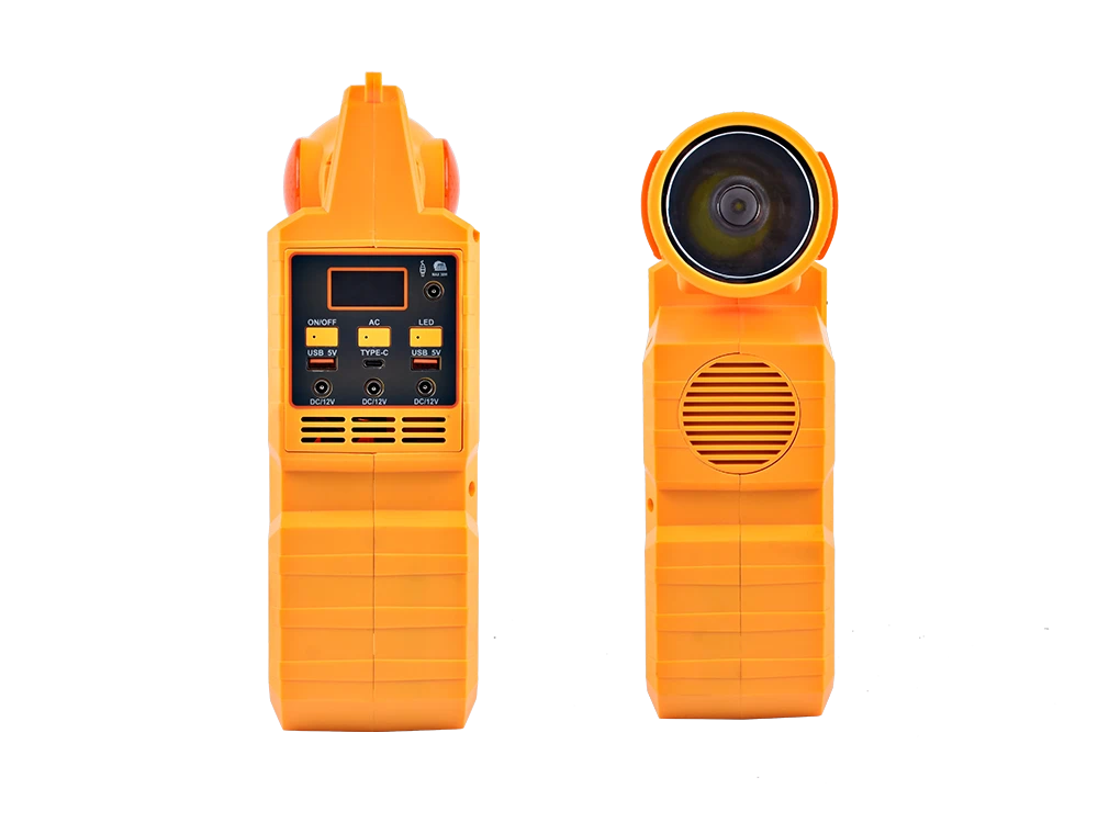 200W to 300W portable power station with Bluetooth speaker side view – USB fast charging ports, DC outputs, AUX audio input, and side ventilation grills for reliable performance during music playback and charging