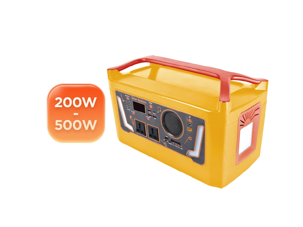 200W to 500W portable power station with Bluetooth speaker front view – high-power 2-in-1 power bank and wireless speaker, perfect for large outdoor parties, camping, and backyard entertainment with multiple devices