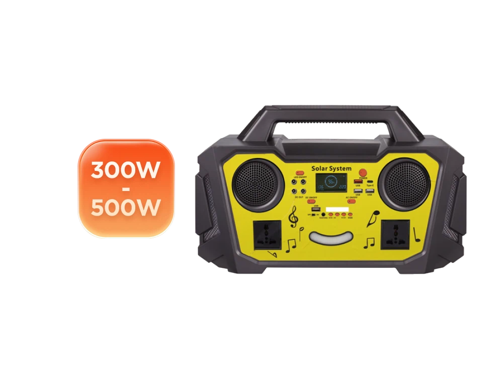 300W to 500W portable power station with Bluetooth speaker front view – built-in speaker grille, LED display panel, compact lightweight design for hiking, weekend camping, and small outdoor gatherings