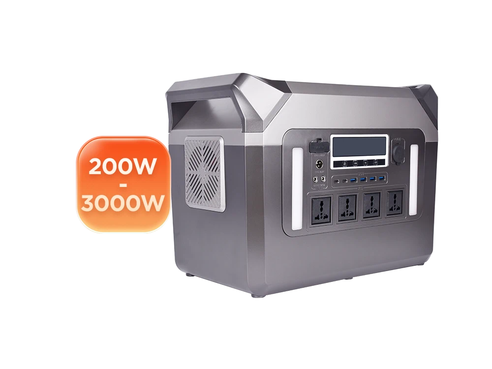 200W to 3000W double handles portable power station front view – dual ergonomic grips for balanced carrying, large LCD display and control panel, ultra-wide power range for hiking, camping, RV, and home backup