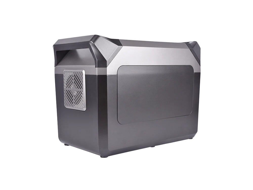 200W to 3000W double handles portable power station back view – solar panel input terminals, AC charging input, grounding terminal, product specification label, and reinforced handle base for durable use