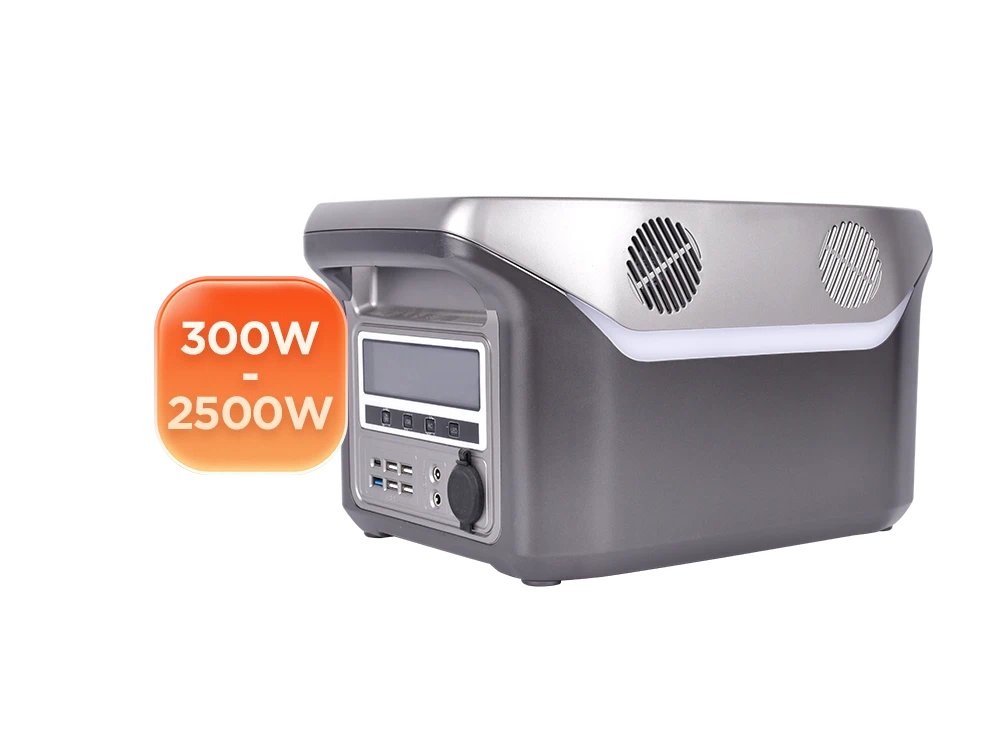 300W to 2500W double handles portable power station front view – dual ergonomic grips for balanced carrying, front LED display and control panel, compact and portable design for versatile outdoor and home backup use