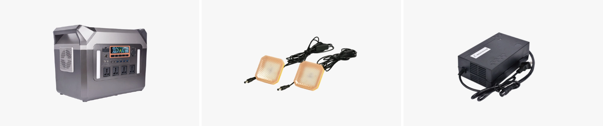 Double handles portable power station package contents and accessories – AC charging cable, solar panel MC4 connector, car charging cable, DC adapter tips, user manual, and carrying bag for complete outdoor power kit