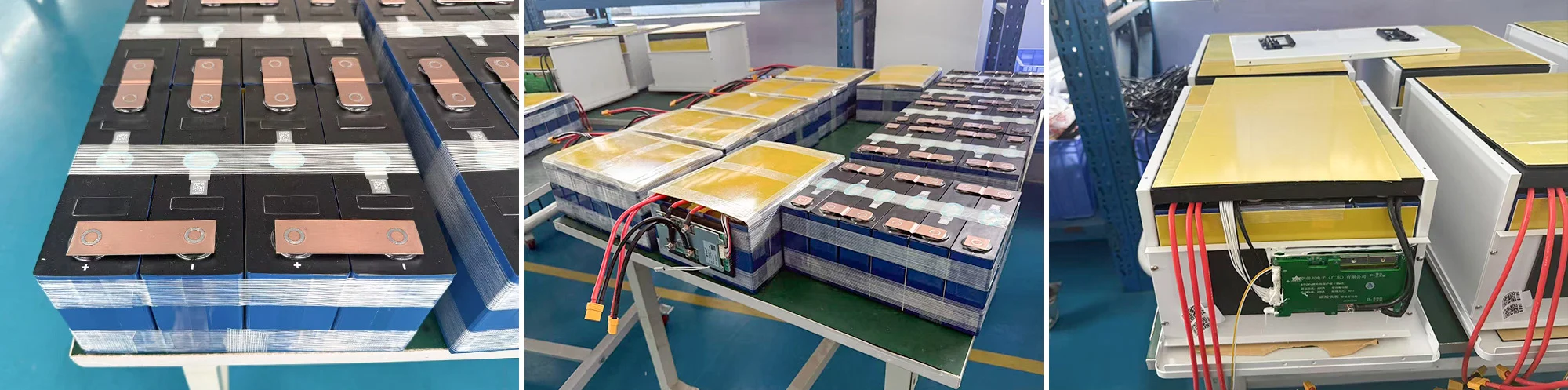 portable power station factory manufacturing photo showing internal LiFePO4 battery cells, BMS protection board, and quality assembly