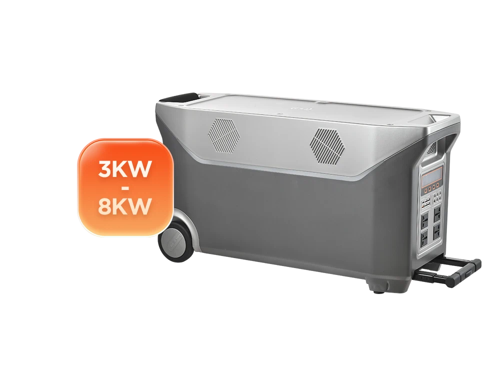 3kW to 8kW pull rod portable power station front view – telescopic handle, front control panel with LCD display and LED indicators, heavy-duty wheeled design for easy transport and outdoor power backup