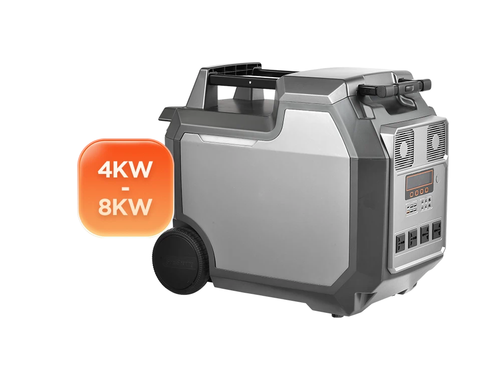 4kW to 8kW pull rod portable power station front view – heavy-duty telescopic handle, large LCD display and control panel, industrial-grade wheeled design for RV travel, whole home backup, and job site power
