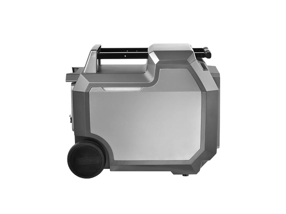4kW to 8kW pull rod portable power station back view – retractable handle fully stored, rear panel with solar panel input terminals (MC4), AC charging input, grounding post, and heavy-duty reinforced base for stable standing
