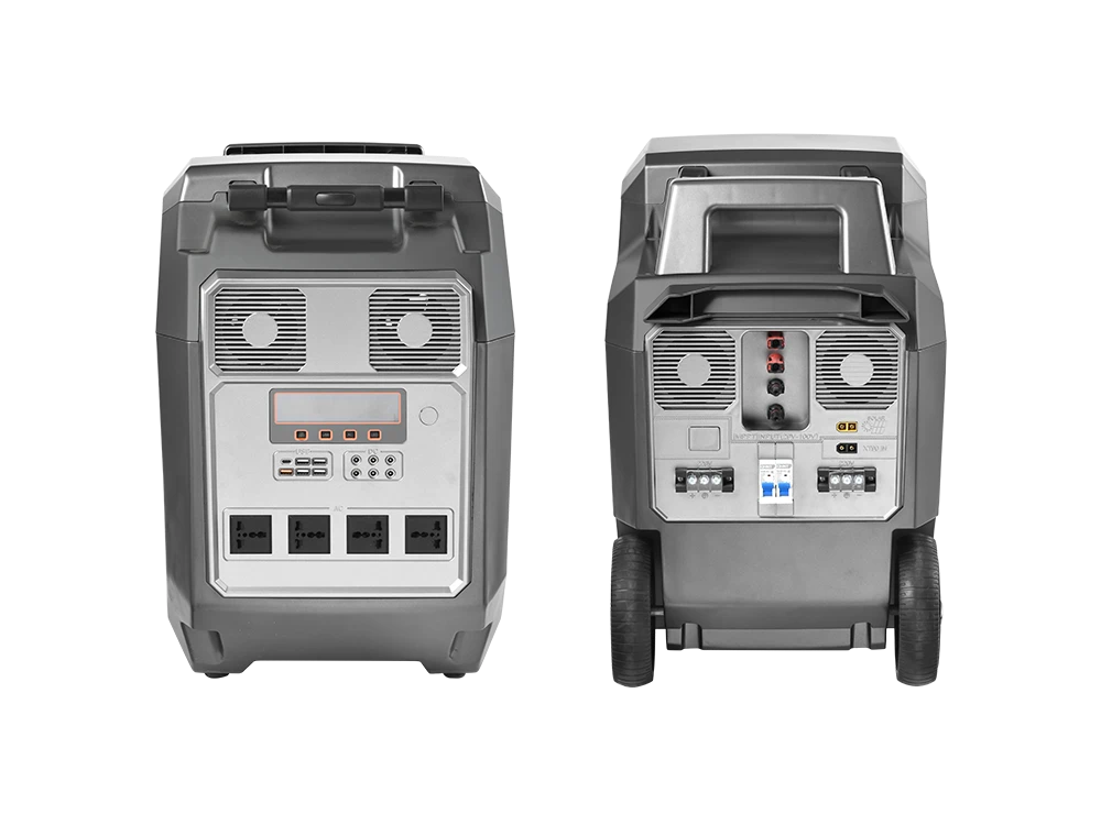 4kW to 8kW pull rod portable power station side view – heavy-duty all-terrain wheels for rough surfaces, large side ventilation grills with cooling fans, AC outlet panel layout for easy access during operation