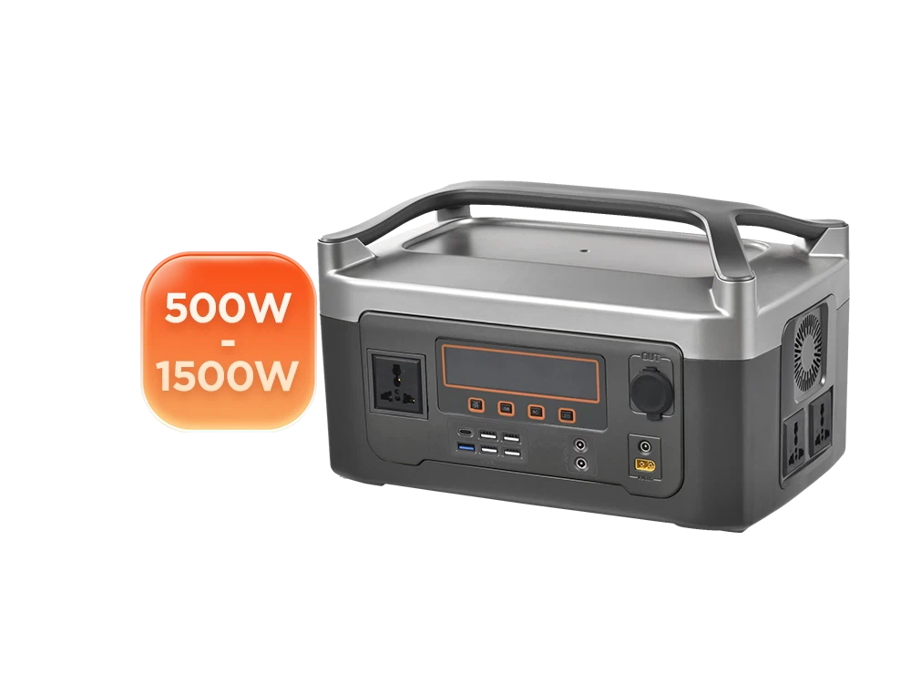 500W to 1500W single handle portable power station front view – ergonomic single grip for one-hand carry, front LED display and control panel, compact lightweight design for camping, hiking, and home emergency backup