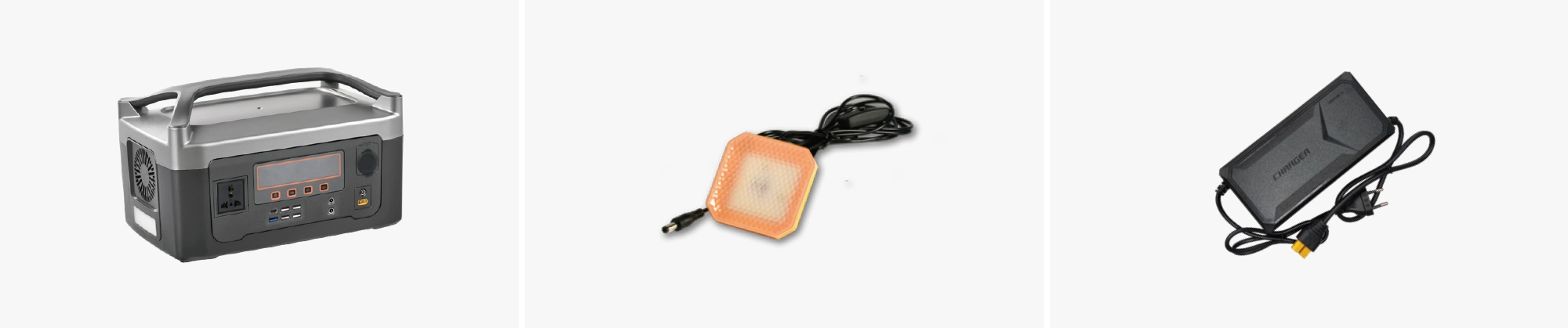 Single handle portable power station package contents and accessories – AC charging cable, solar panel MC4 connector, car charging cable, DC adapter tips, user manual, and carrying bag for complete outdoor power kit