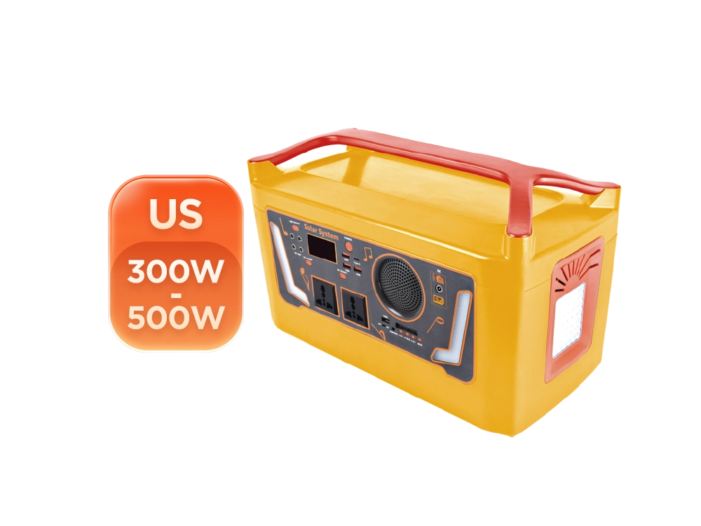 300W to 500W portable power station with Bluetooth speaker front view – 110V US version with built-in speaker grille, LED display panel, compact lightweight design for hiking, weekend camping, and small outdoor gatherings in North America