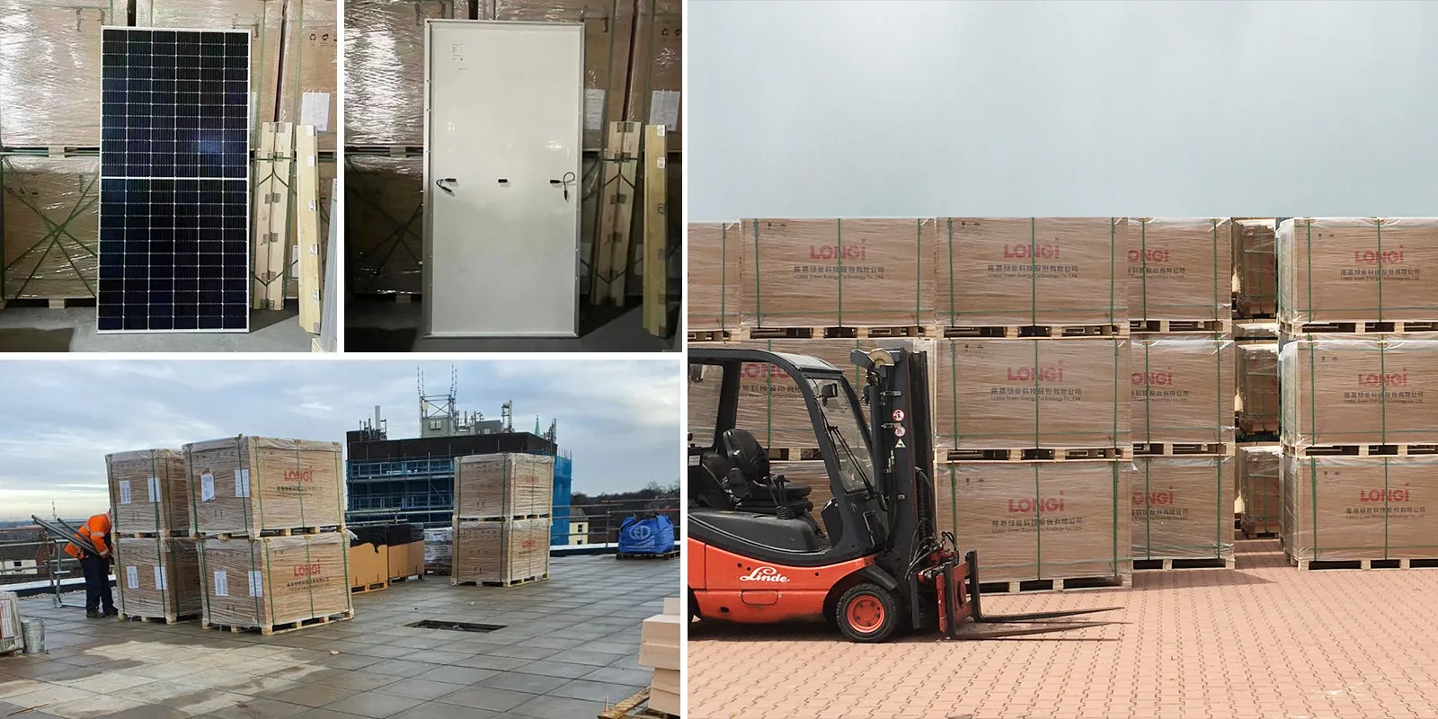 Longi green logistics collage – intermodal transport with river-sea and rail-sea shipping, eco-friendly recycling packaging, and global warehouse network showcasing sustainable and reliable solar module delivery