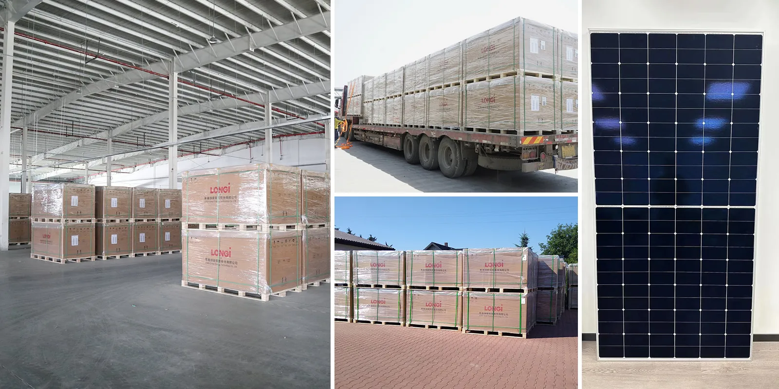 Longi solar warehouse and transportation collage – large-scale inventory management, palletized module storage, container loading, and shipping fleet for global solar panel distribution