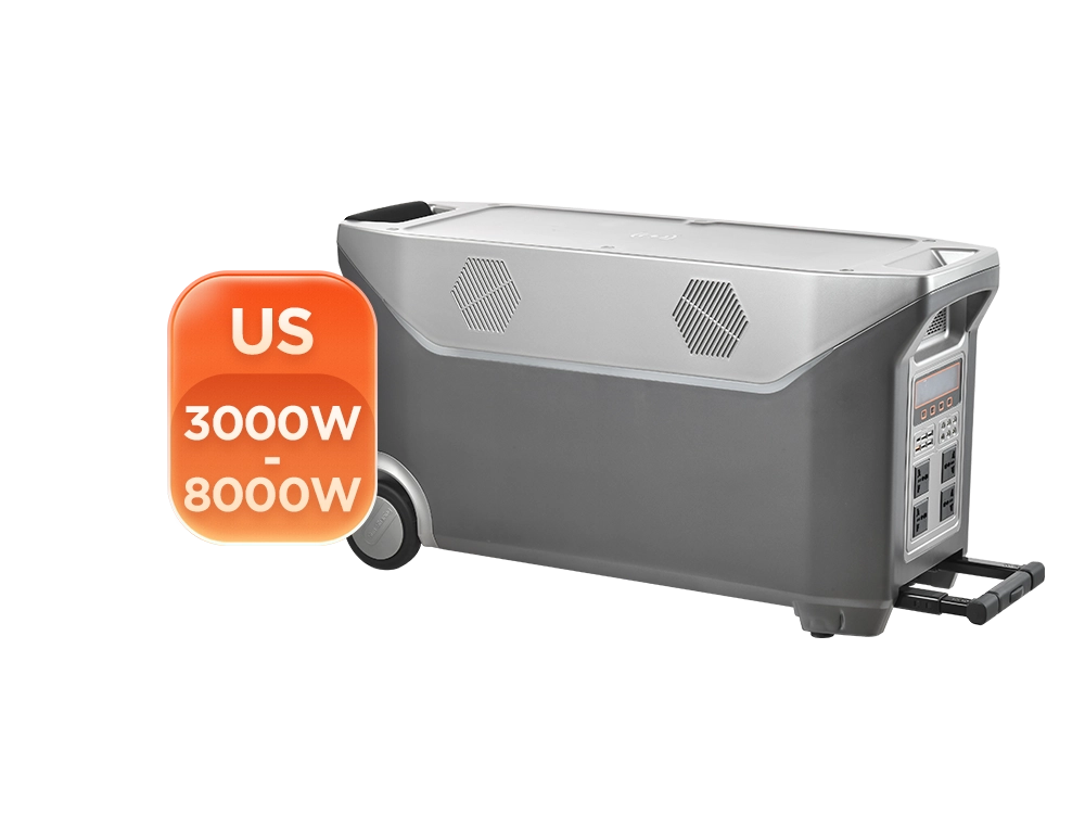 Pull rod 8000W portable generator front view – 110V output for US and Canada, industrial-grade pull handle and all-terrain wheels, high-capacity power station for off-grid living and emergency backup