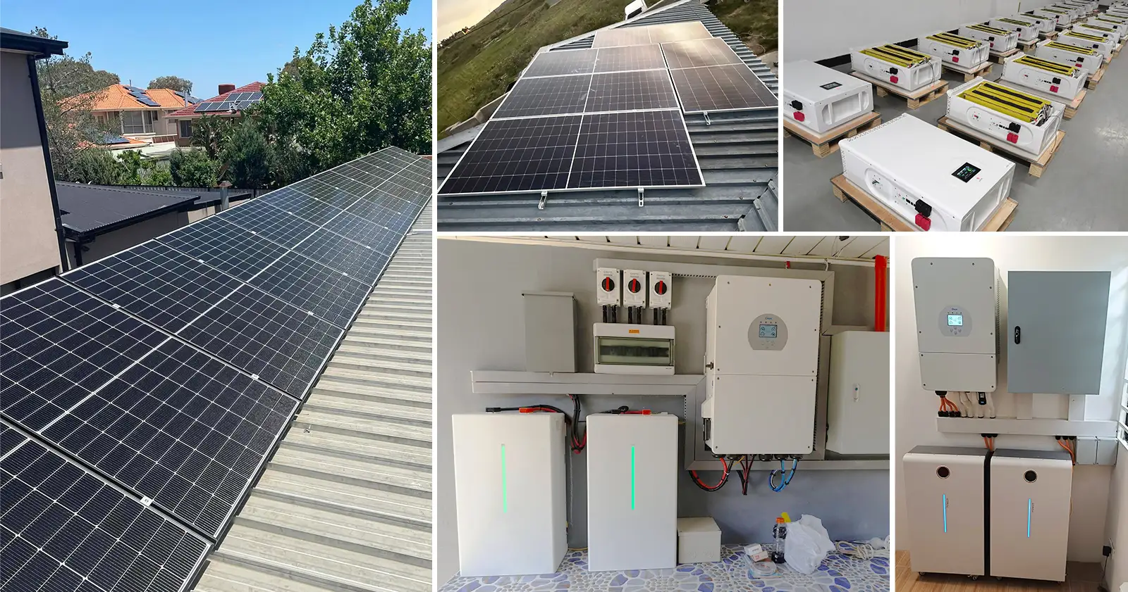 Solvic 12kW US split phase solar storage system case studies collage – residential installations with rooftop solar panels, wall-mounted hybrid inverter, and battery storage, delivering 120/240V for American whole home backup and energy savings