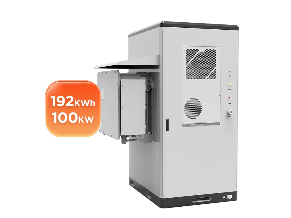 Solvic 192KWH 100KW outdoor battery cabinet front and side view – air cooling ventilation louvers on side panel, heavy-duty front access doors with security locks, LED indicators and emergency stop, 100KW high-power LFP storage for commercial solar and utility grid applications